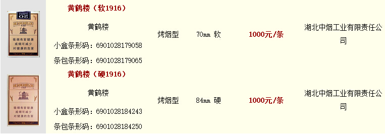 2016年黄鹤楼1916香烟最新价格表图一览